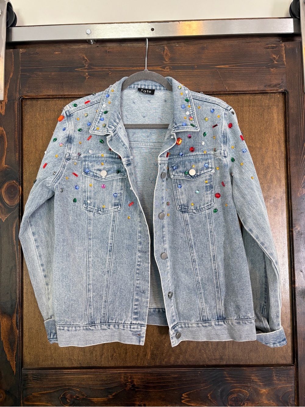 Fate Light Wash Denim Jacket with Multicolor Studs